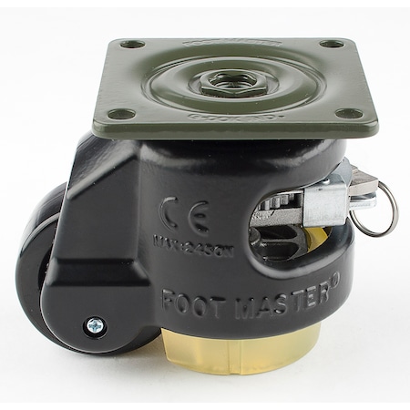 Foot Master Leveling Caster, Ratchet, 50 mm Nylon Wheel, 73x73 mm Plate, Swivel, 250 kg Cap, PU Foot Pad, Black GDR-60-F-NYN-CUR-FBL